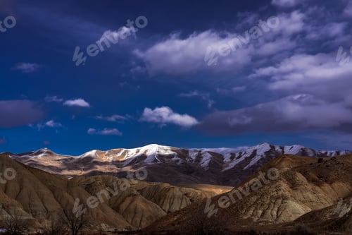 Preview: Wide angle panoramic view of the mountain peaks covered with snow