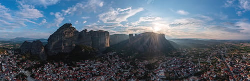 Preview: Greece Meteora landscape panorama. Kalambaka village and rock formation. Europe travel destination