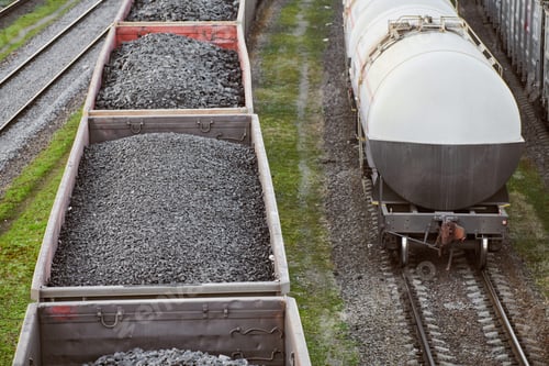 Preview: Freight train with cargo cars transporting coal, wood, fuel