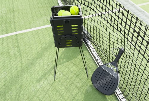 Preview: padel tennis racket sport court and balls.