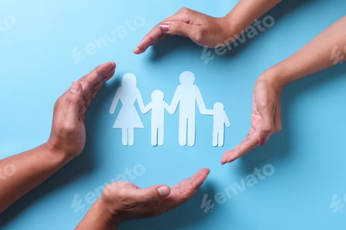 Preview: Hands covering family shape on blue background