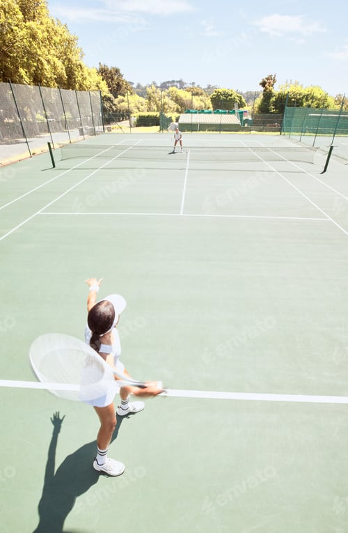 Preview: Women, tennis and athlete with racket equipment or gear play a match at outdoor sport activity on a
