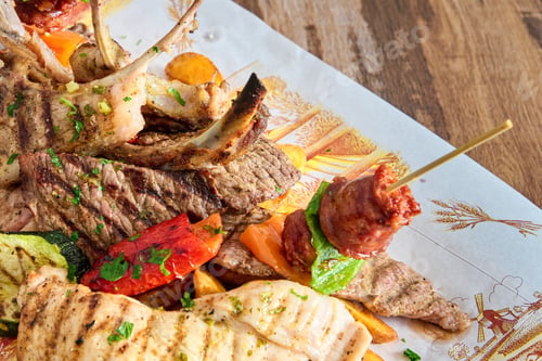 Preview: grilled food platter, pork, ribs, sausage and vegetables