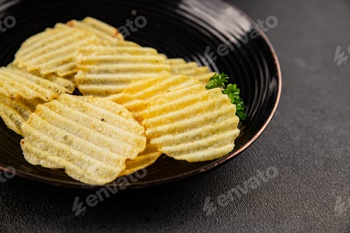 Preview: potato chips ribbed fast food tasty snack fresh gourmet food background on the table