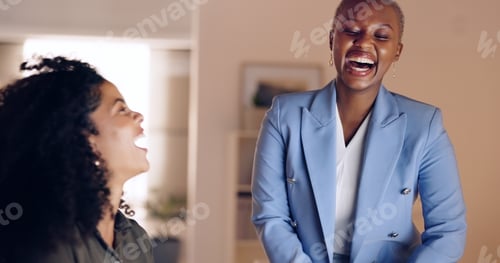 Preview: Funny, collaboration and success with a business woman team laughing in their office together at ni