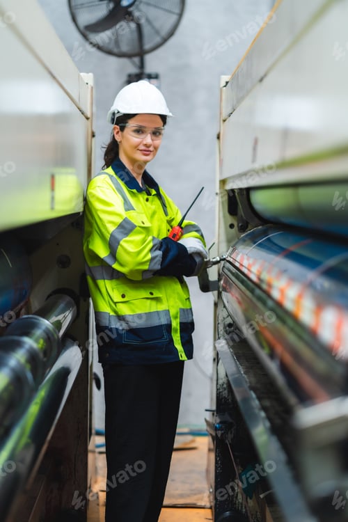 Preview: woman engineer inspection check control heavy machine robot arm construction installation