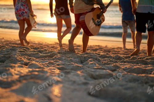 Preview: Rearview shot of a group of unrecognizable friends walking together on the beach