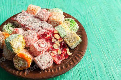 Preview: Various types of colorful lokum placed on a wooden plate over a green table