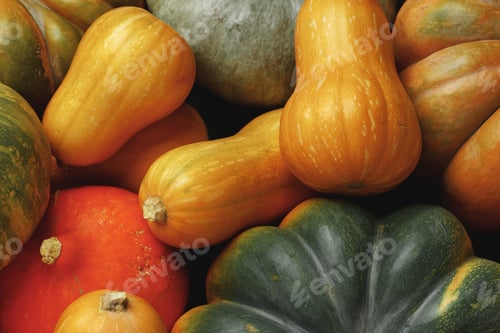 Preview: Many multicolor pumpkins, autumn seasonal decorative background