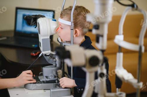 Preview: Boy undergoing eyesight examination with ophthalmological equipment in clinic