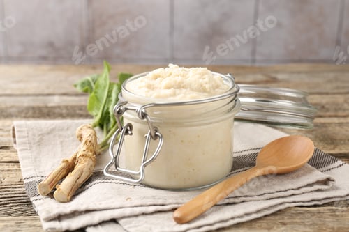 Preview: Tasty horseradish sauce, spoon and roots on wooden table, closeup