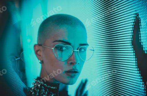 Preview: Image of a beautiful young woman posing against a led panel.