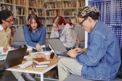 Preview: Diverse Group of Young Adults Collaborating on Project in Library Setting