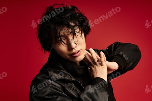 Preview: Enigmatic gaze of a fashionable asian man posing confidently in studio