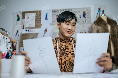 Preview: Portrait of Happy professional Asian young male tailor with measuring tape on neck.