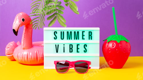 Preview: Retro vibe or 80s, nostalgic style still life with colorful summer accessories