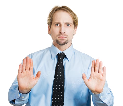 Preview: Closeup Portrait, Angry Pissed Off Young Man Raising Hand Up To Say No Stop Right There, Isolated