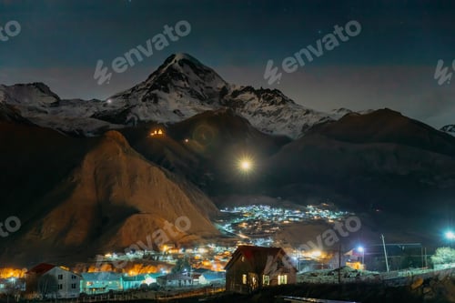Preview: Stepantsminda, Georgia. Peak Of Mount Kazbek Covered With Snow,