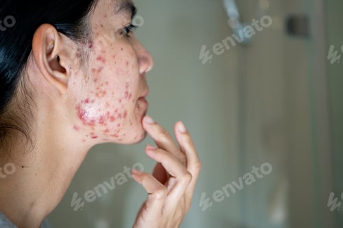 Preview: Acne on face because the disorders of sebaceous glands productions. Acne or a Cosmetic Allergy.