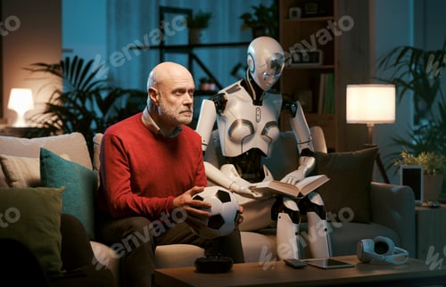 Preview: Man and humanoid robot with different interests