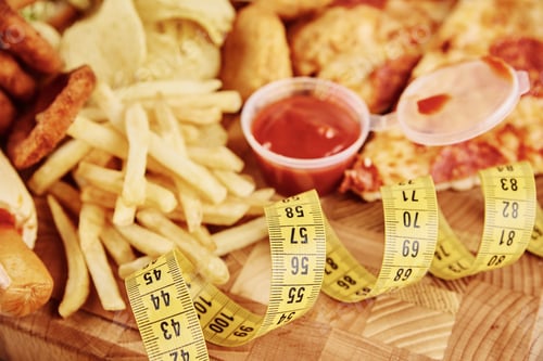 Preview: Unhealthy and junk food. Different types of fastfood and snacks on the table with measuring tape