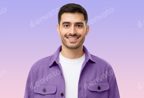 Preview: Close-up portrait of young handsome smiling man wearing purple shirt and white t-shirt