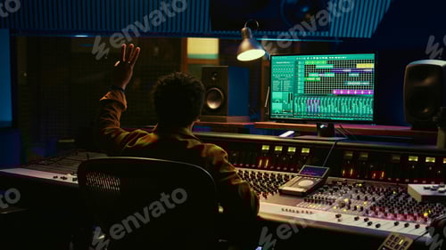 Preview: African american audio engineer counting down singer in sound booth