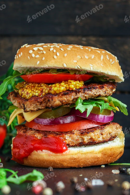 Preview: Burger, Meat Cutlet Beef Steak, Tomato, Sauce And Lettuce Tasty Meat Snack Sandwich Menu Concept