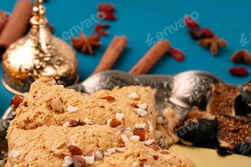 Preview: Turkish halva national dessert on blue wooden table
