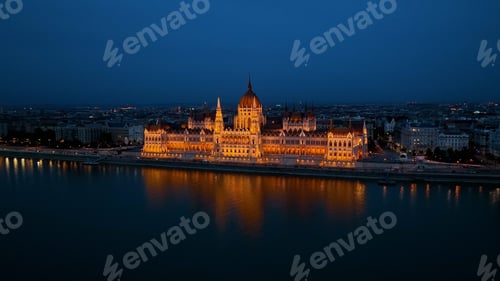 Preview: Aerial view of Budapest Hungarian Parliament Building at night, Hungary