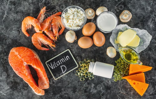 Preview: Products containing vitamin D. Selective focus.