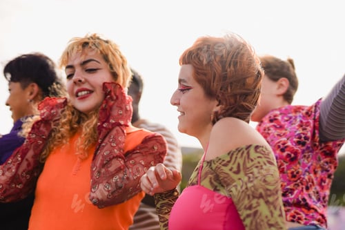 Preview: Group of young multiracial people dancing at outdoor music festival