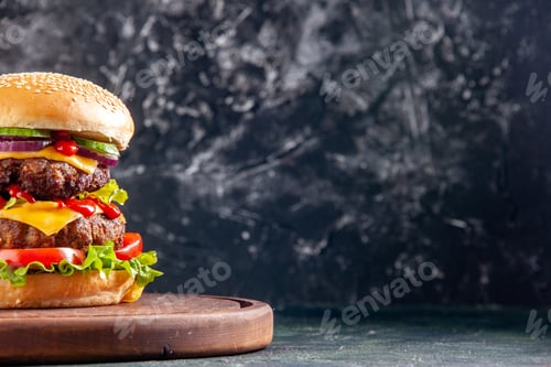 Preview: Top view of tasty sandwich on wooden cutting board on the right side on dark color background with