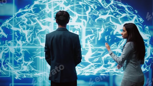 Preview: Engineers use VR headset and AR hologram, looking at AI neural networks