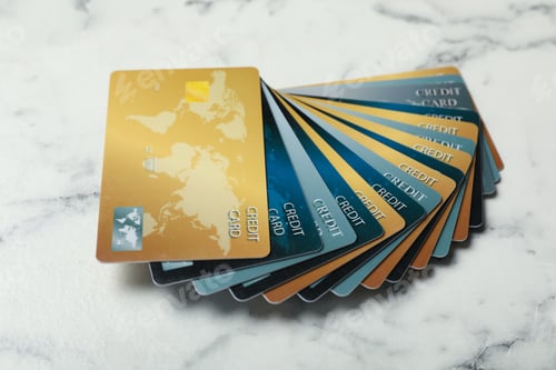 Preview: Many different credit cards on white marble background