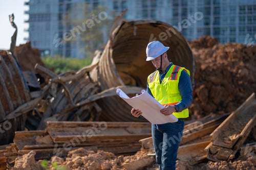 Preview: Engineer worker operations construction plans large black drainage pipe