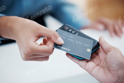 Preview: Credit card, payment and nfc with the hand of a customer scanning a chip for a purchase in a retail