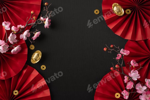 Preview: Celebrate the Chinese New Year with an elegant design featuring red fans, gold ingots