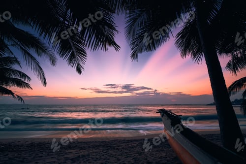 Preview: Silhouette of palm tree against colorful sky with sunbeams