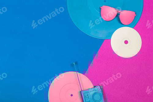 Preview: Colorful vinyl records and retro sunglasses create a vibrant music vibe in a playful studio setting