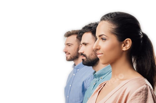 Preview: side view of young businesswoman and businessmen standing in line isolated on white