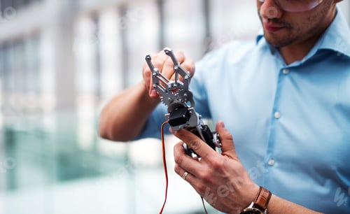 Preview: A midsection of businessman or scientist with robotic hand standing in office, working.