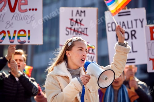 Preview: Group Of Protestors With Placards And Megaphone On Demonstration March For Gender Equality