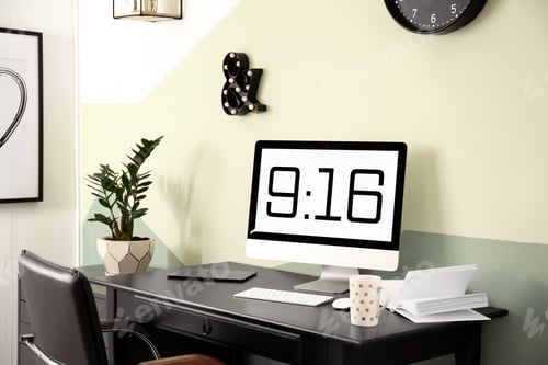 Preview: Stylish modern workplace with computer at home