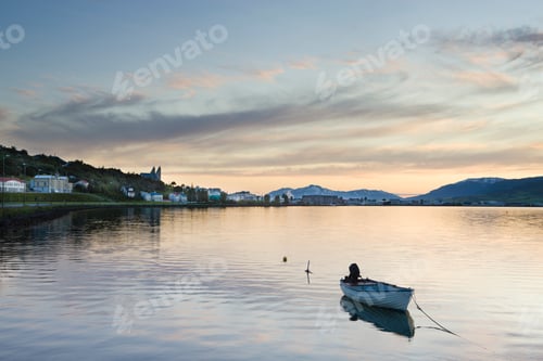 Preview: Boat on fjord and town of Akureyri, Eyjafjordur, Iceland