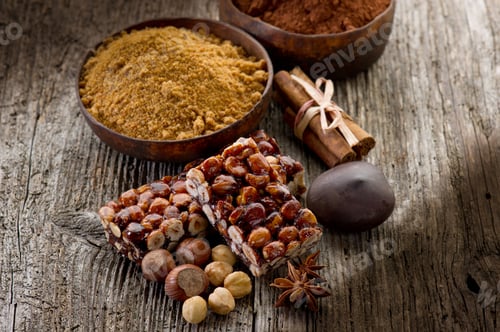 Preview: hazelnut brittle on wood with ingredients