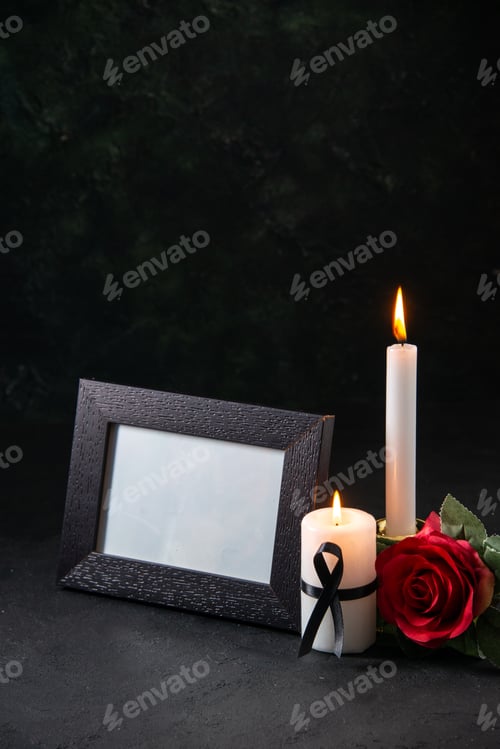 Preview: front view of burning candles with red flower on dark desk funeral death evil