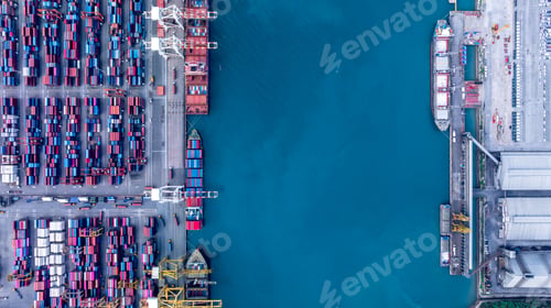 Preview: Aerial view of container cargo ship at sea port terminal, Container cargo ship in import export