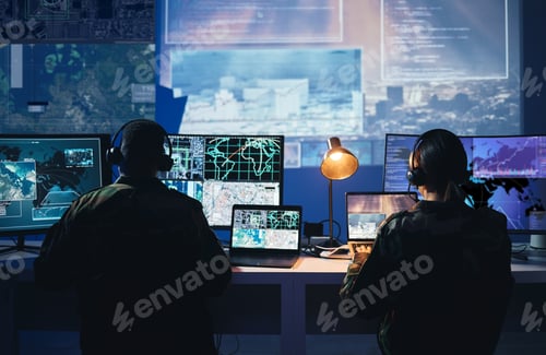 Preview: Military control room, computer screen and team with surveillance, headset and tech communication f