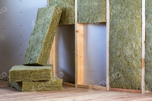Preview: Wooden frame for future walls with drywall plates insulated with rock wool and fiberglass insulation